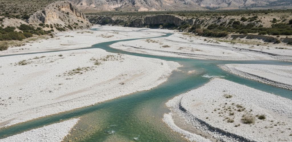 A braided river splitting into pale channels across a wide gravel bed below dry hills