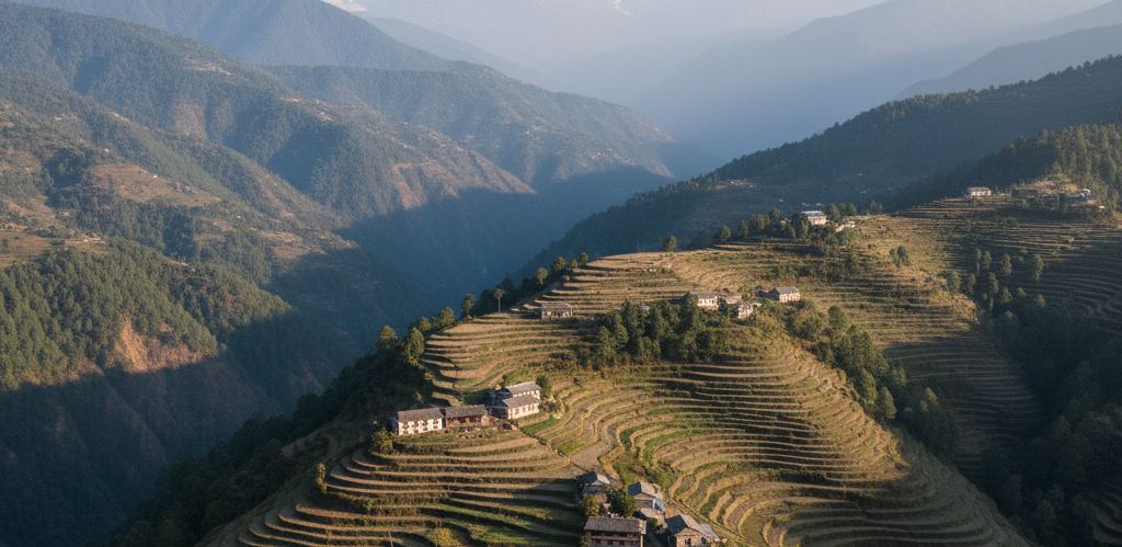 Narrow farmed terraces stepping down a steep ridge below snow covered peaks in clear air
