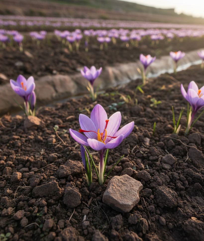 Purple crocus flowers open in dark soil, with three red stigmas visible inside one bloom.