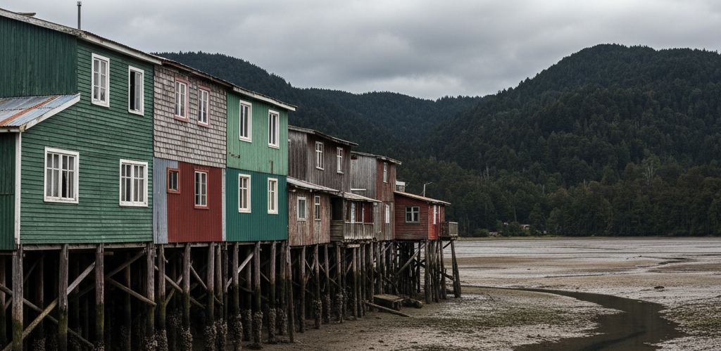 Painted wooden houses on tall timber posts above a tidal channel under low grey cloud