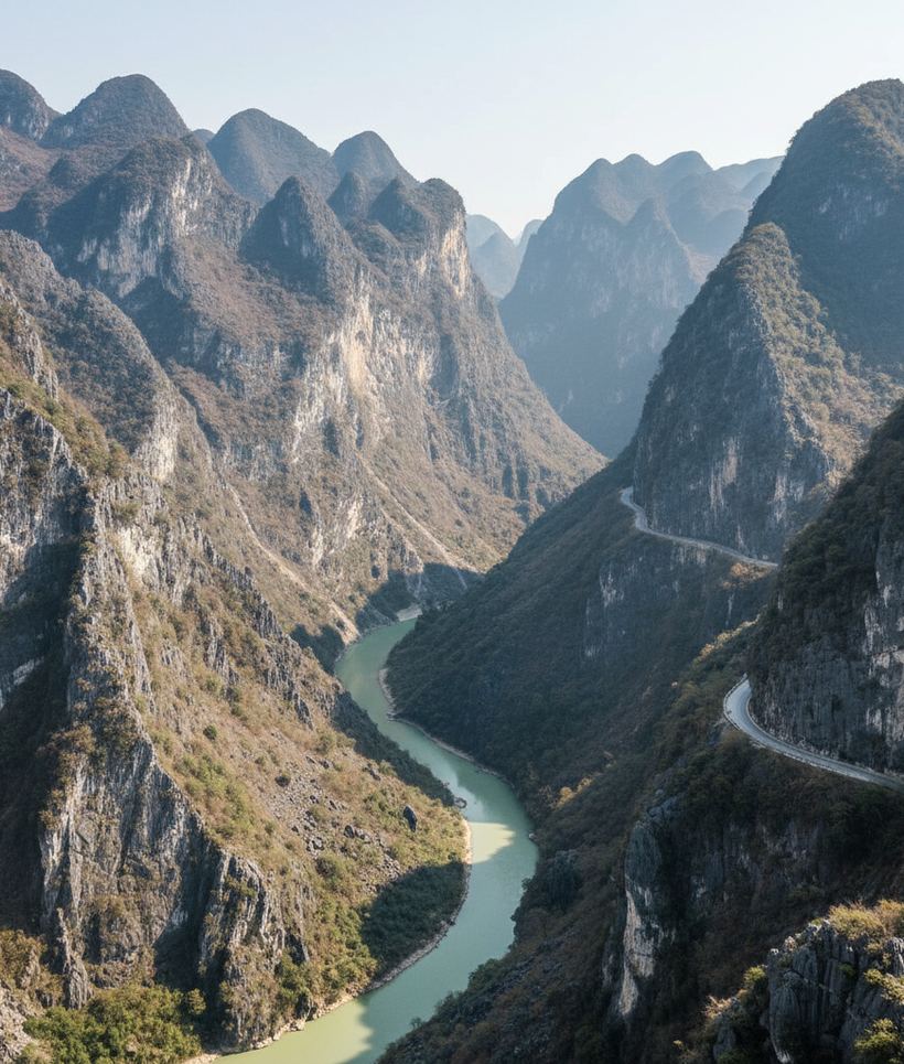A deep gorge with a pale green river below gray limestone slopes and a cut road ledge