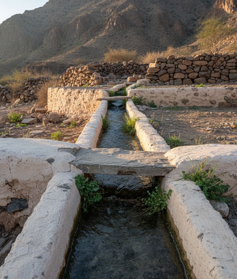 Clear water running along a narrow lined stone channel with a flat slab set across it