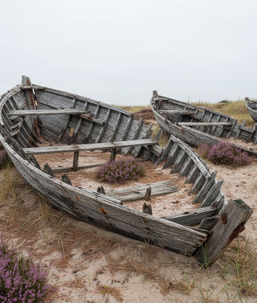 Gray split planks and open ribs of abandoned wooden hulls lying among pines and sand
