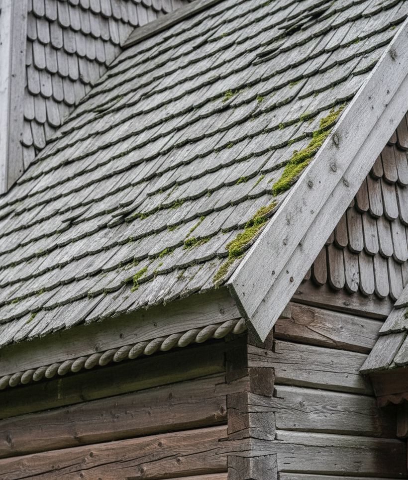 Overlapping split oak shingles above a log wall carved with a twisted rope molding