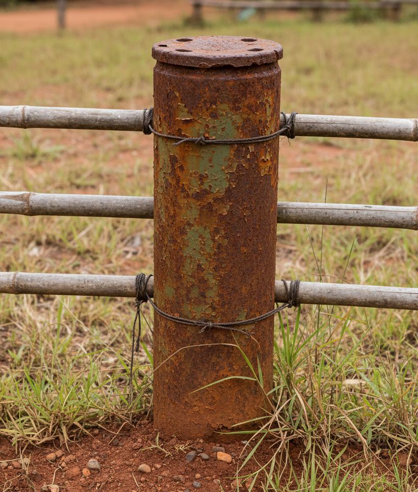 A rusted steel cylinder standing on end as a fence post beside split bamboo rails