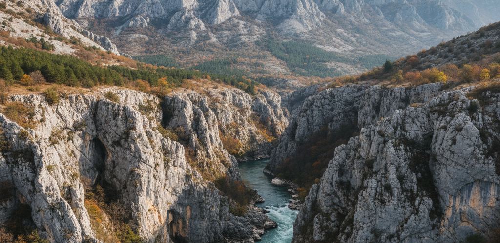 Green blue river below grey limestone walls with bare karst ridges rising behind.