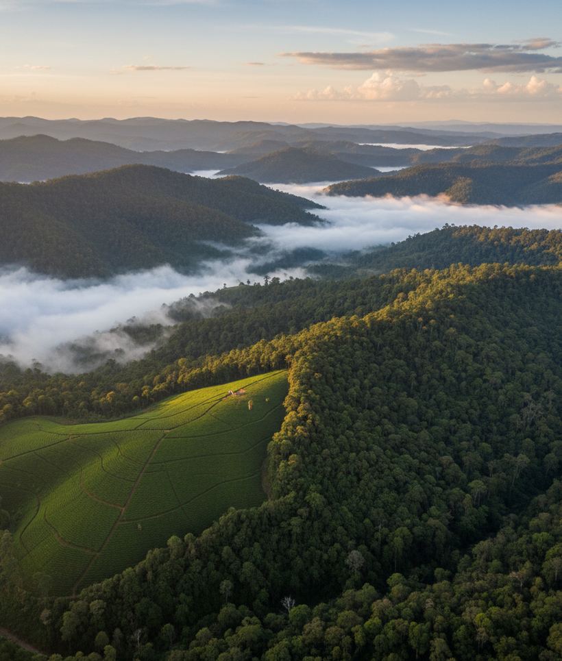 Layered forested ridges under cloud with bright green tea fields meeting dark old forest