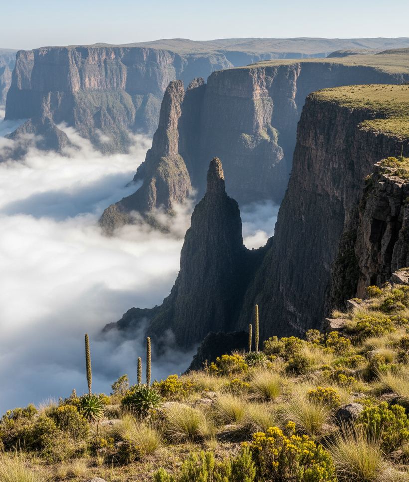 Layered basalt cliffs and isolated eroded pinnacles above cloud filling the gorges below