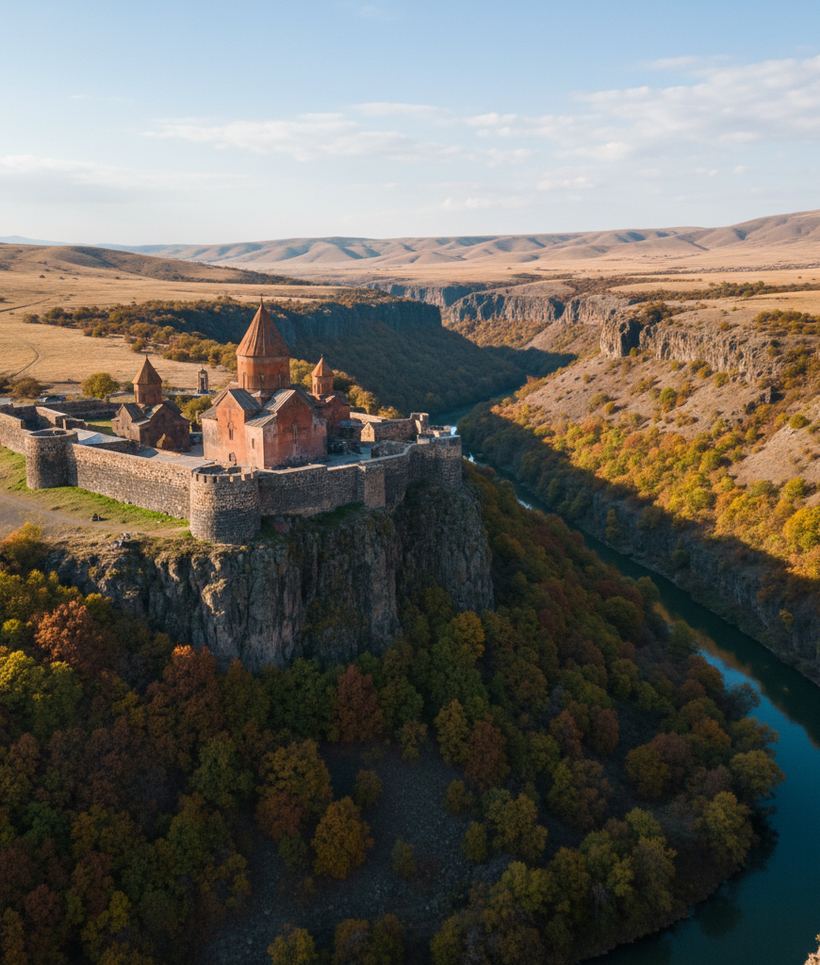 A walled stone monastery with a conical dome stands on a cliff above a wooded gorge.