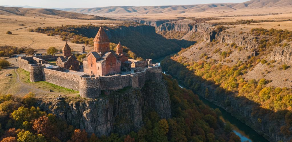 A walled stone monastery with a conical dome stands on a cliff above a wooded gorge.