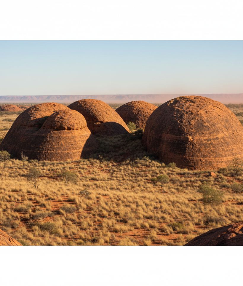 Steep sandstone domes striped orange and grey rising above dry spinifex under hard afternoon light