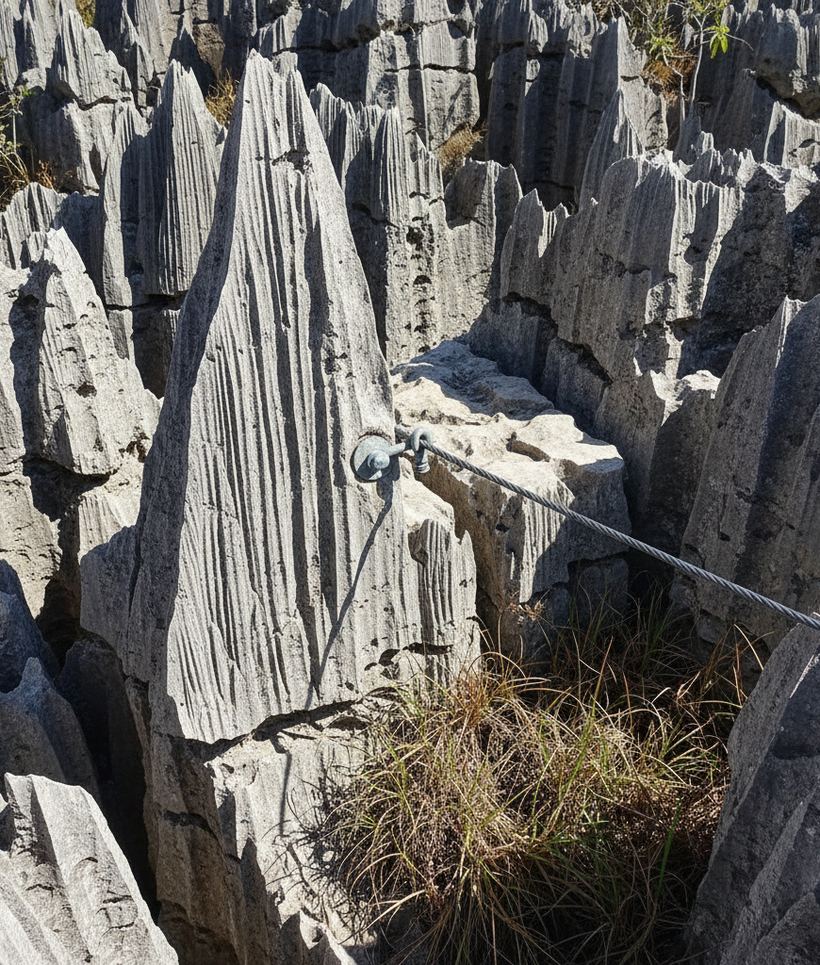 A single serrated fin of grey limestone with a steel safety cable bolted along the ledge